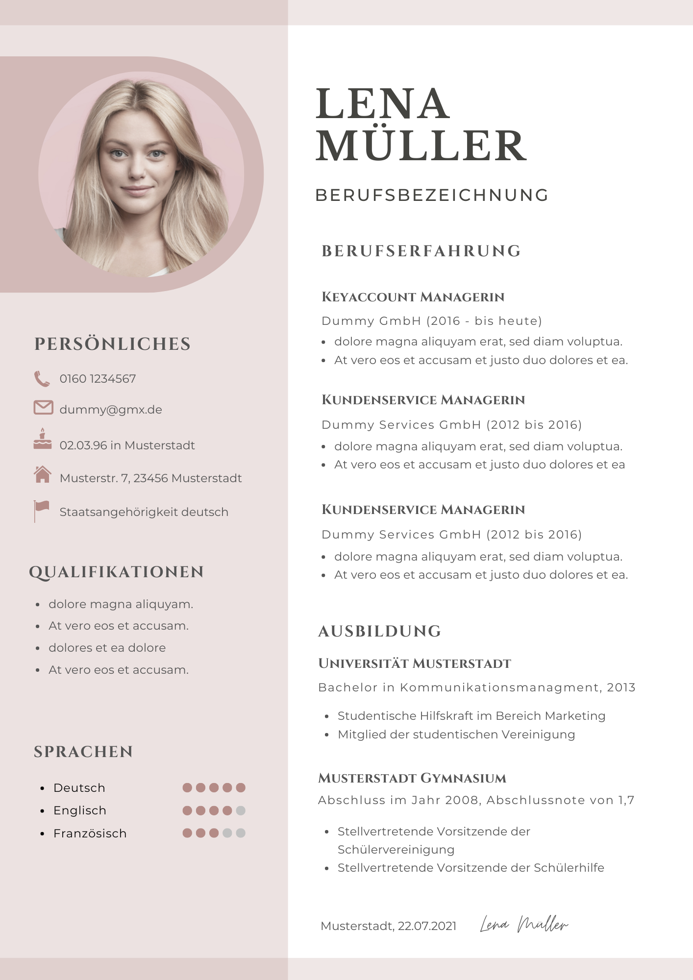 Bewerbungsvorlagen Set Lena Müller rosa