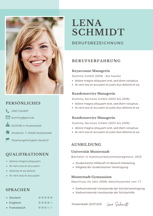 | Bewerbungsmappe Lena Schmidt türkis