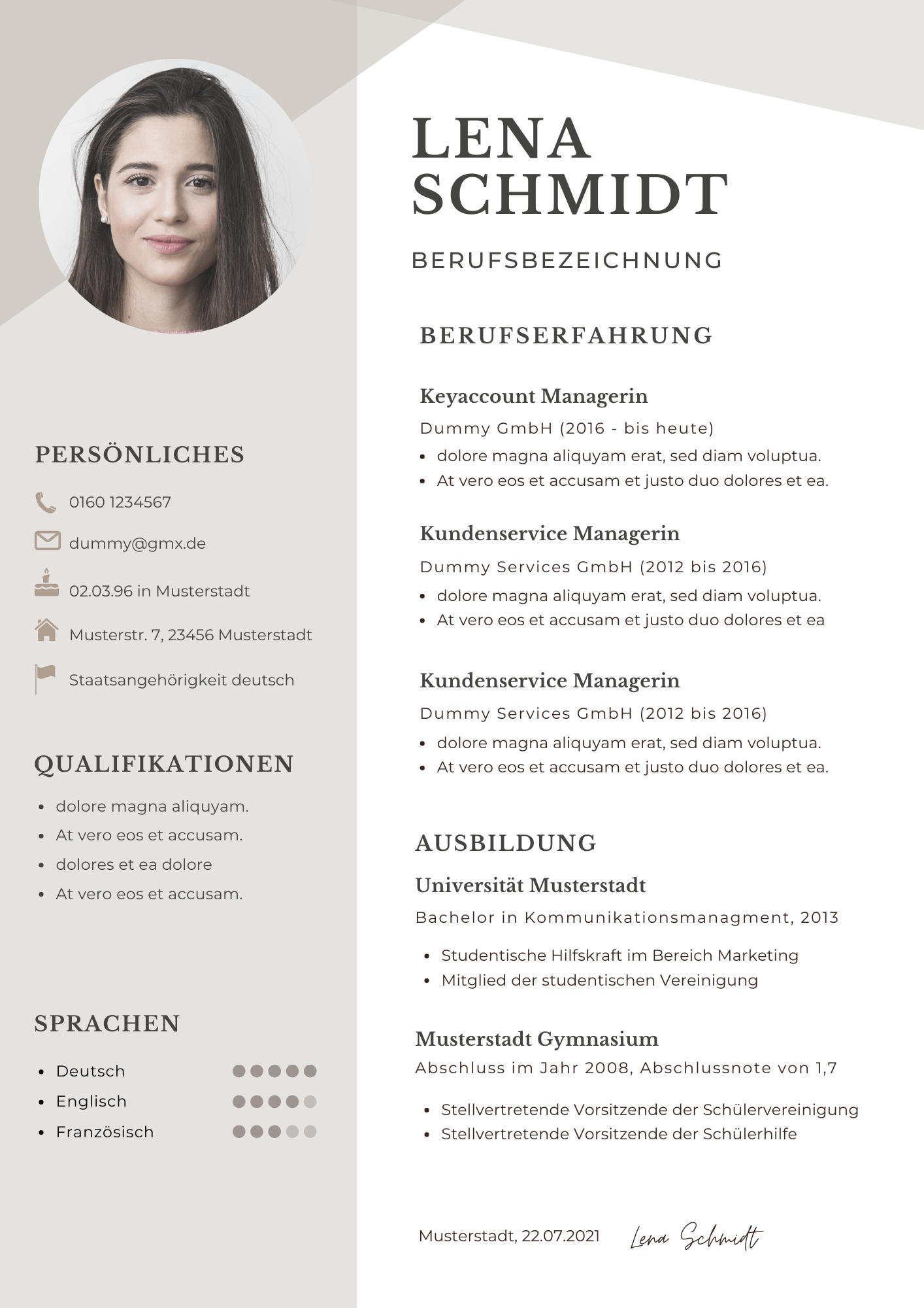 | Bewerbungsvorlagen Set Lena Schmidt Beige