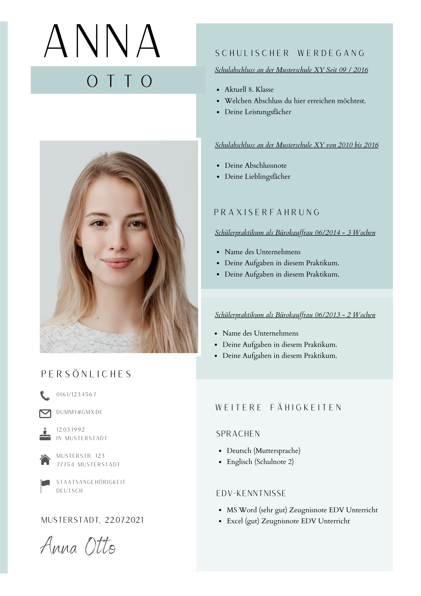 | Bewerbungsvorlagen Set Anna Otto Mint