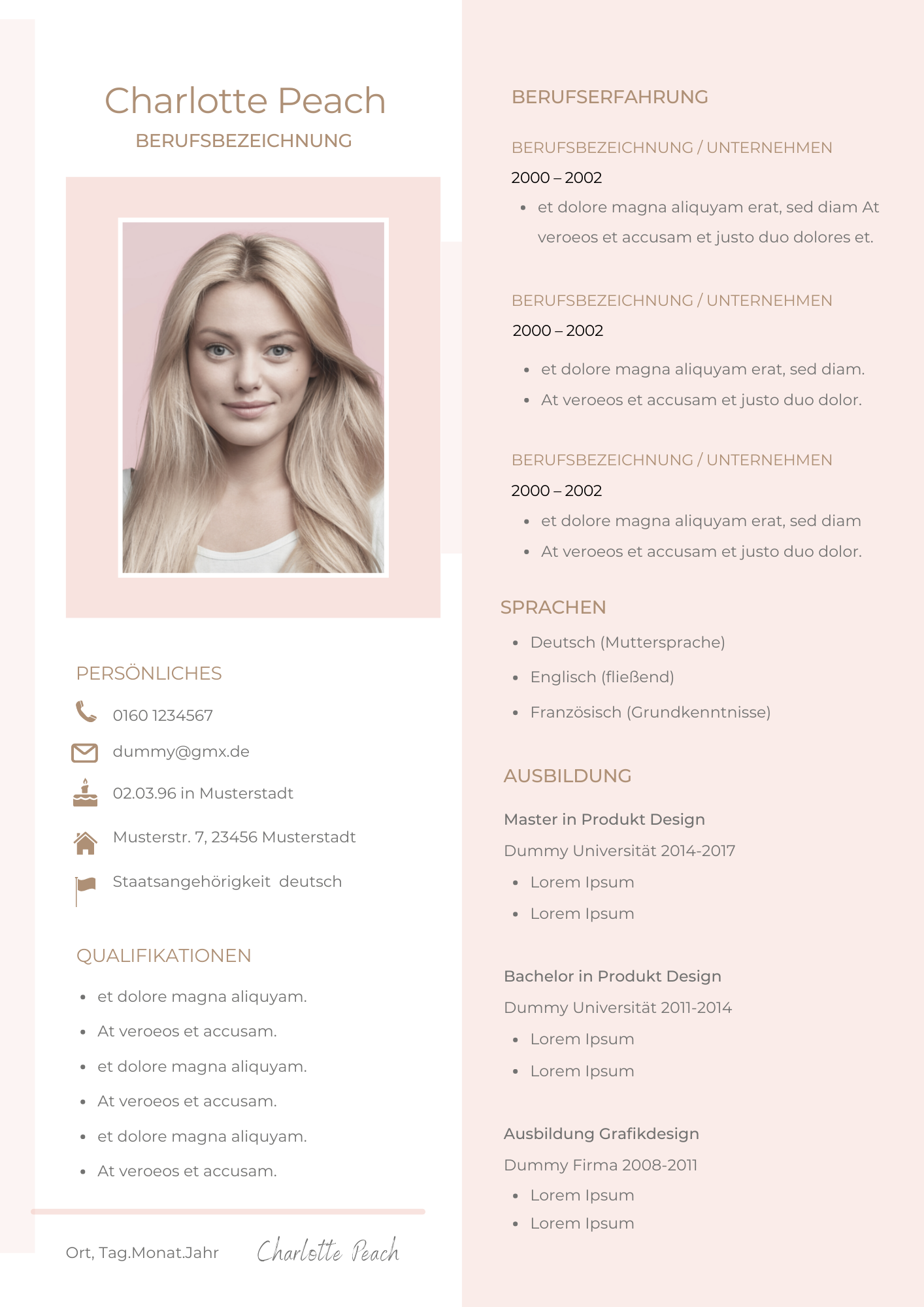 Bewerbungsvorlagen Set Charlotte Peach