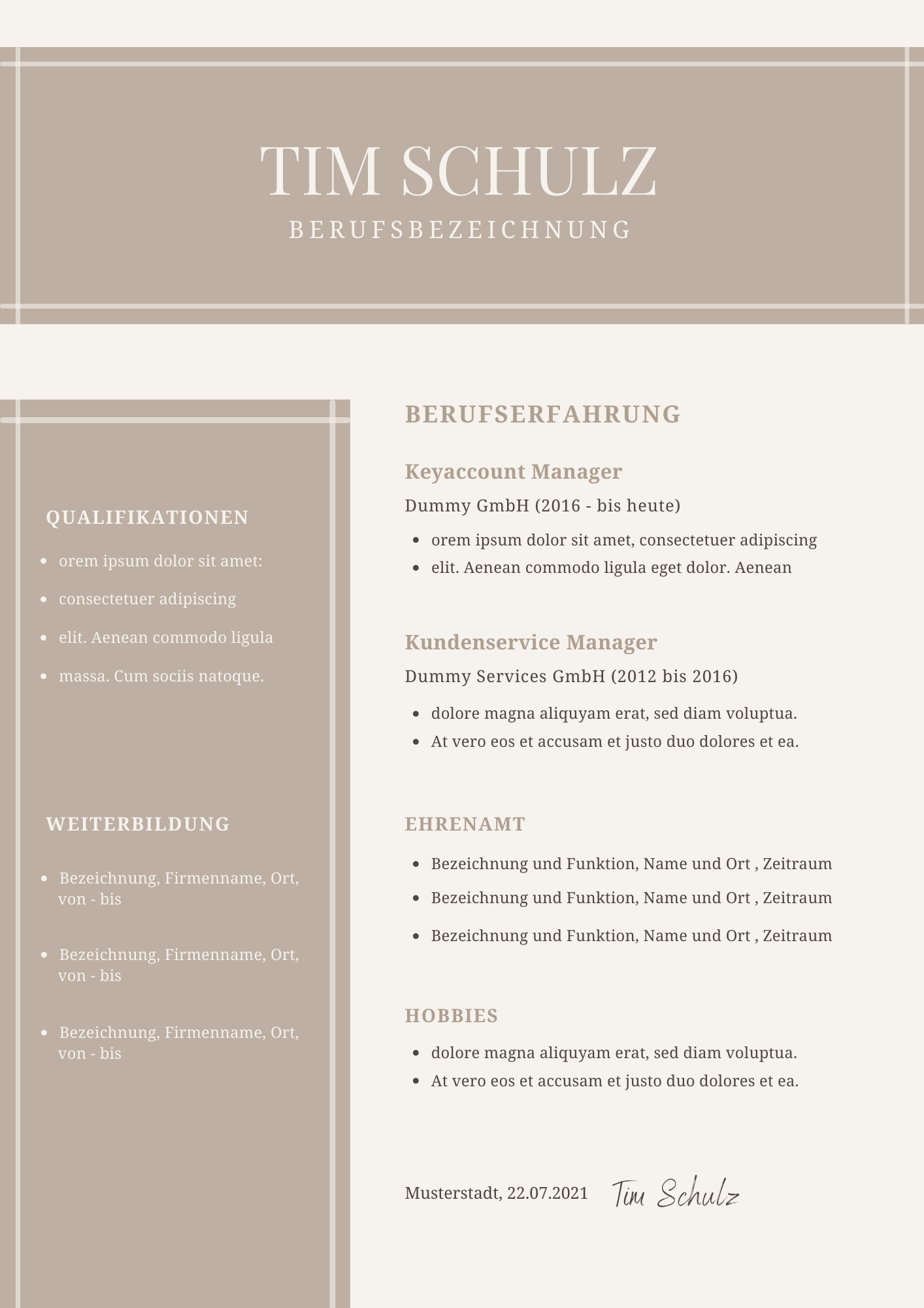 Bewerbungsvorlagen Set Tim Schulz Beige