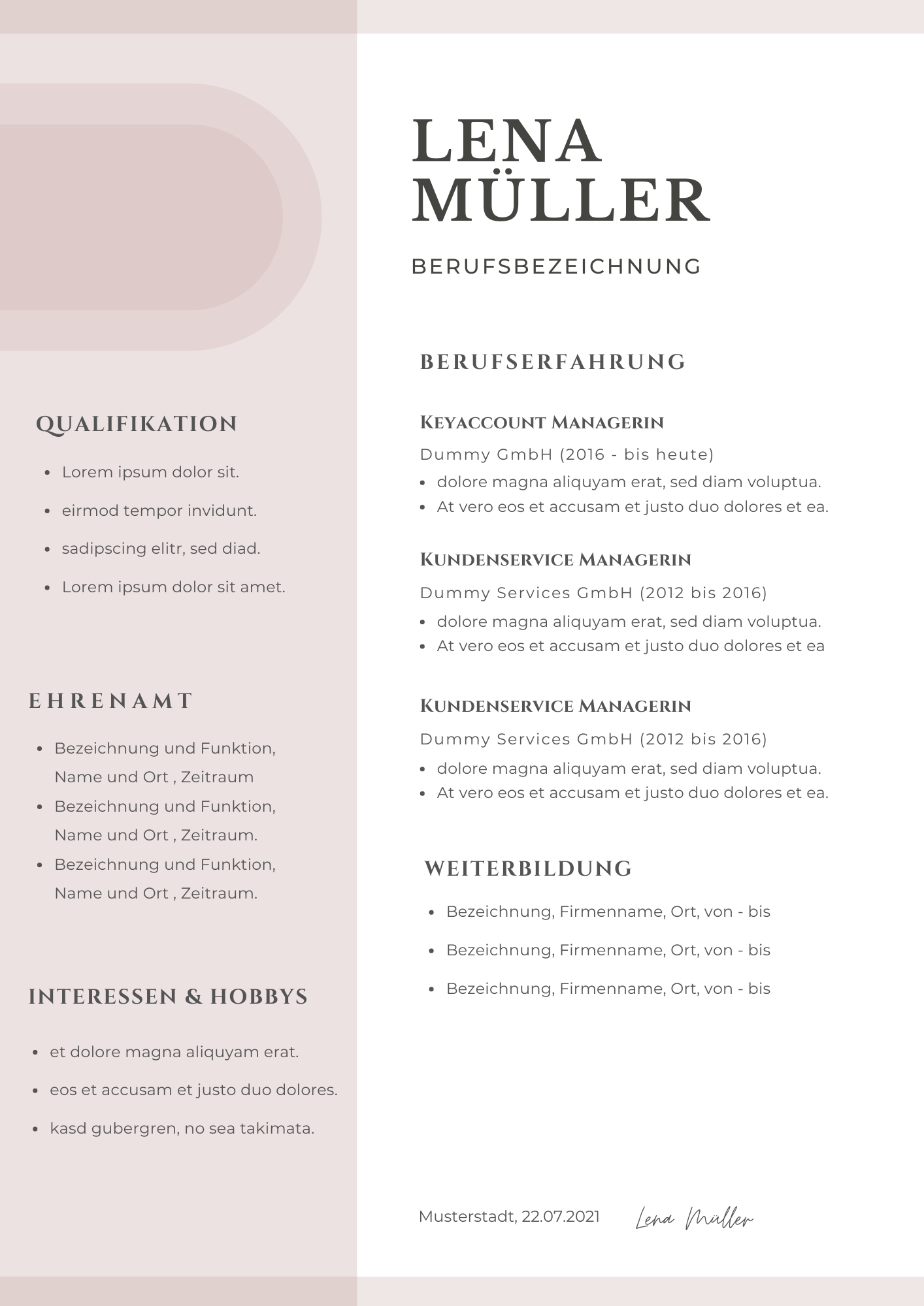 Bewerbungsvorlagen Set Lena Müller rosa