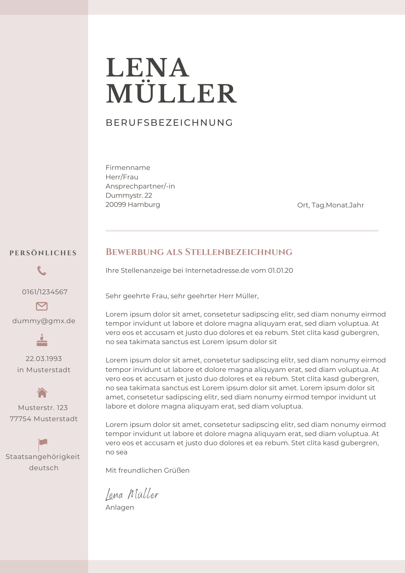 Bewerbungsvorlagen Set Lena Müller rosa
