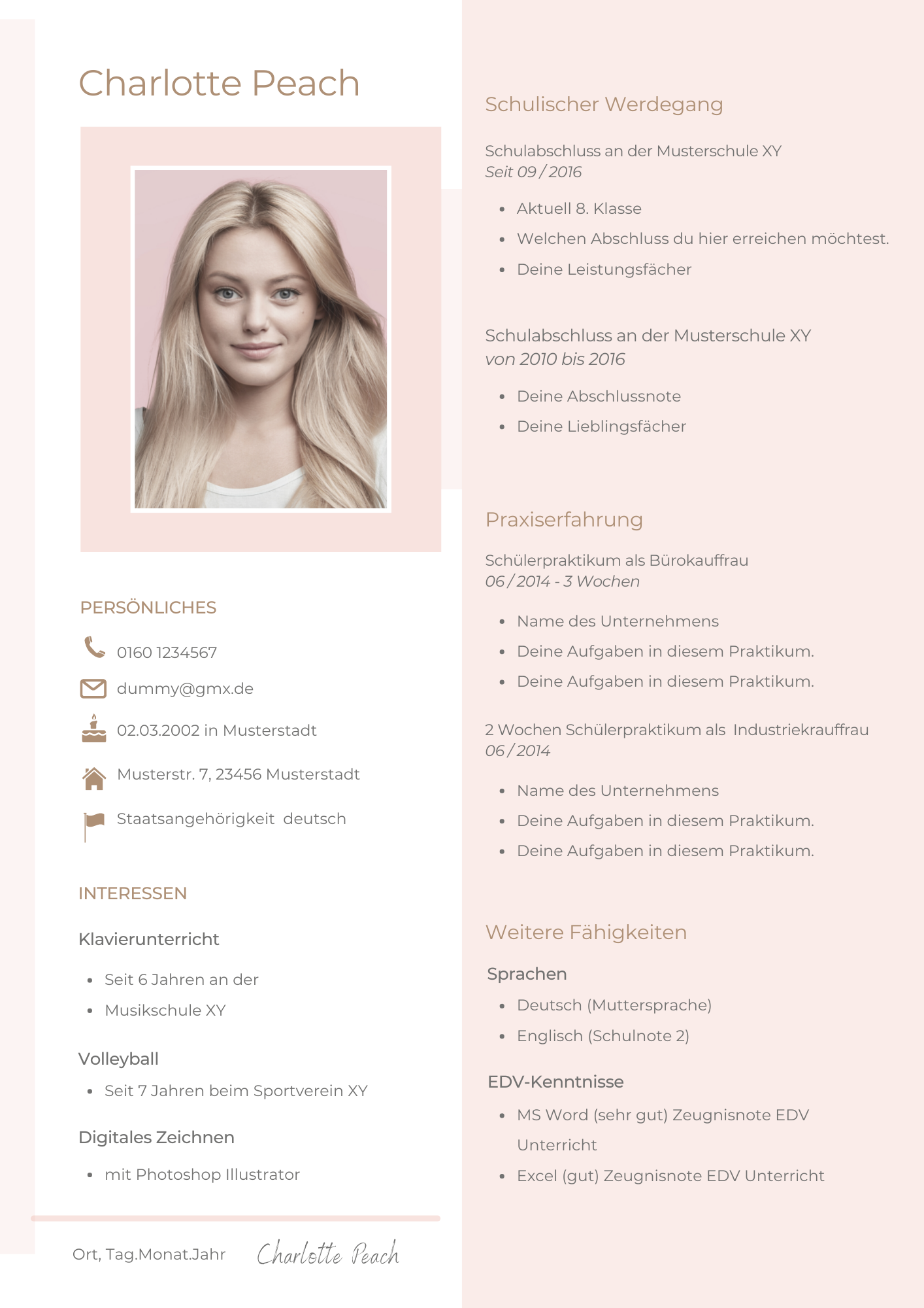 Bewerbungsvorlagen Set Charlotte Peach