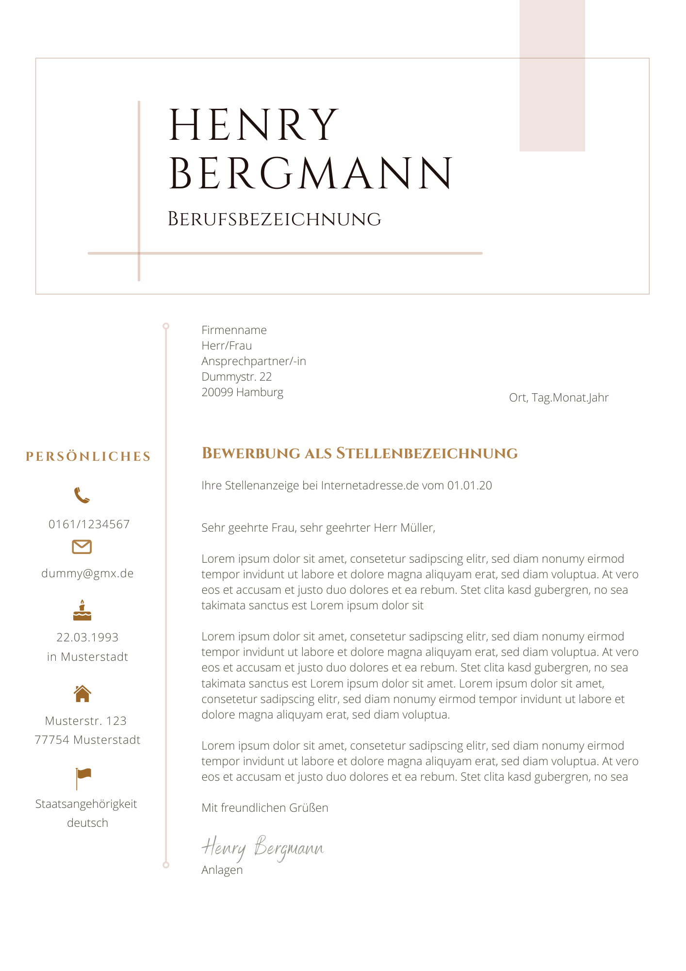 Bewerbungsvorlagen Set Henry Bergmann klassisch