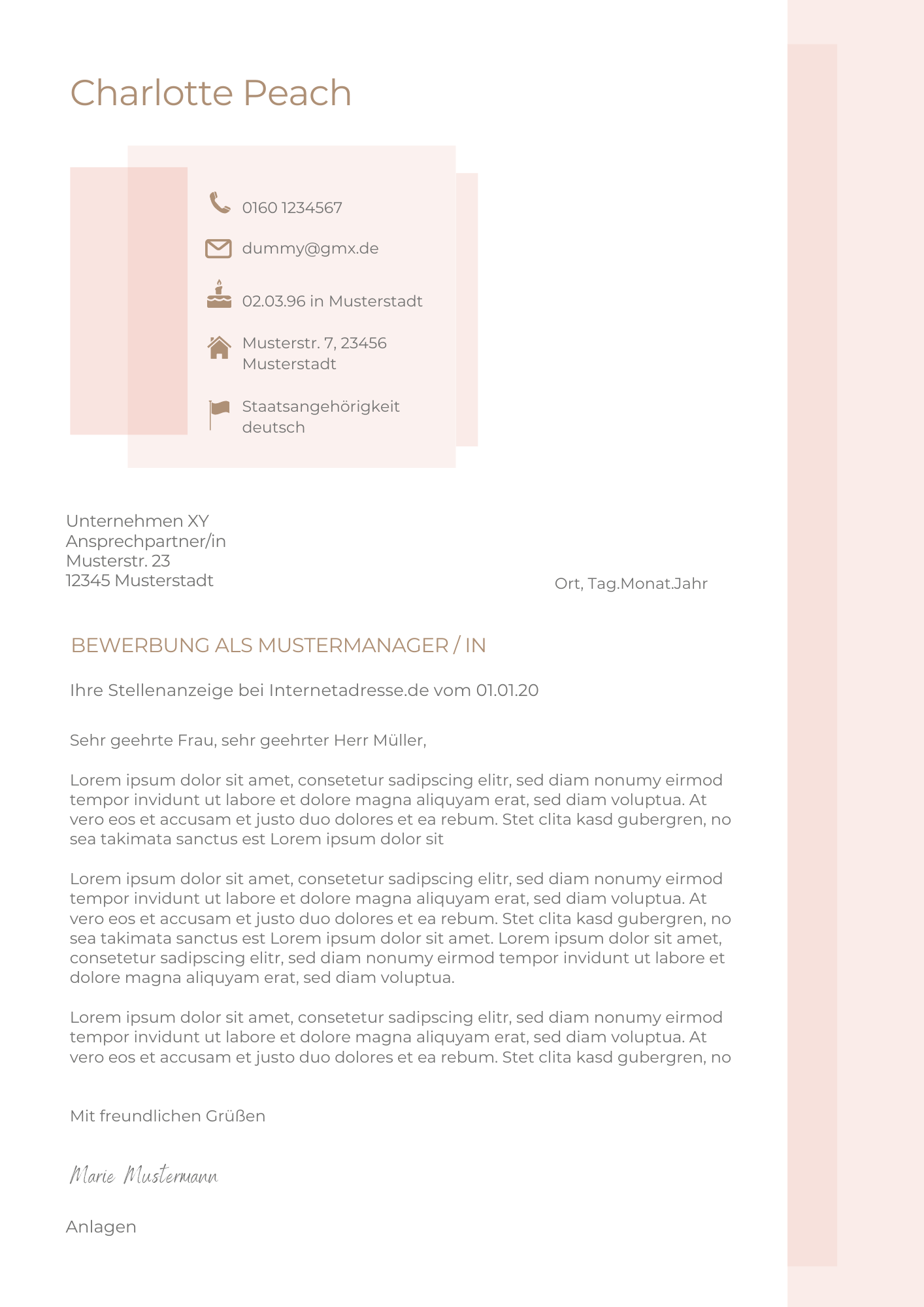 Bewerbungsvorlagen Set Charlotte Peach