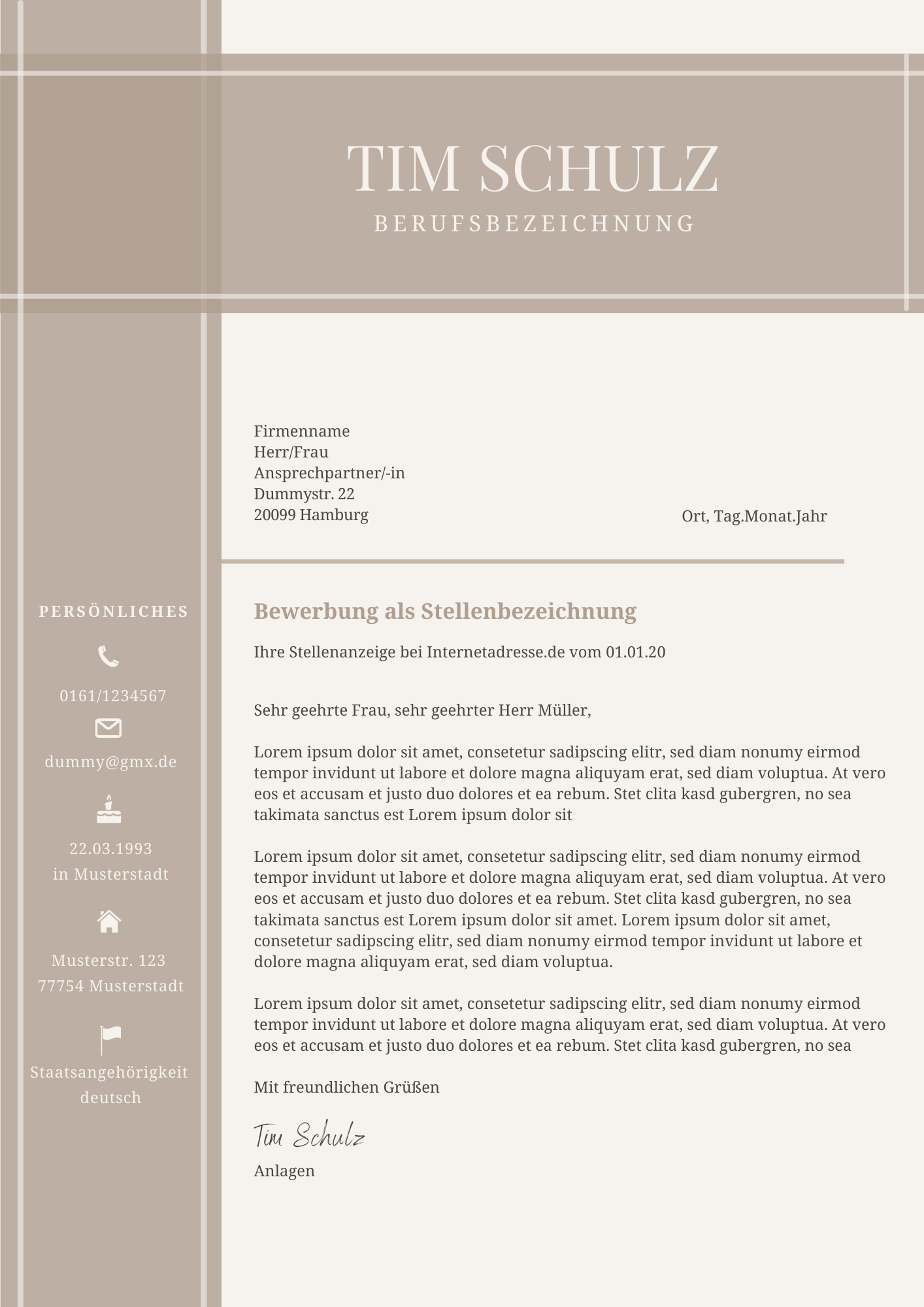Bewerbungsvorlagen Set Tim Schulz Beige