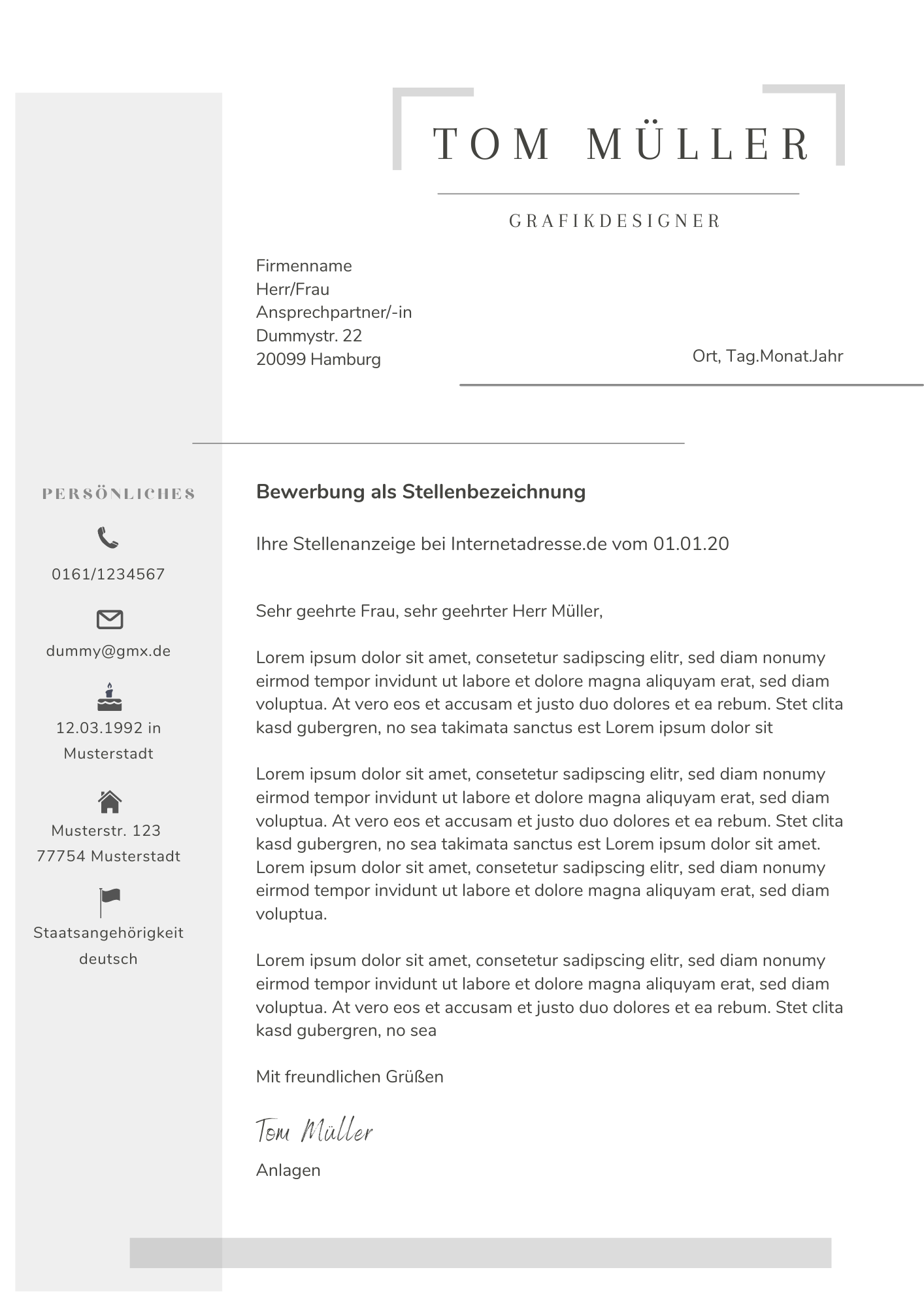 Bewerbungsvorlagen Set Tom Müller klassisch