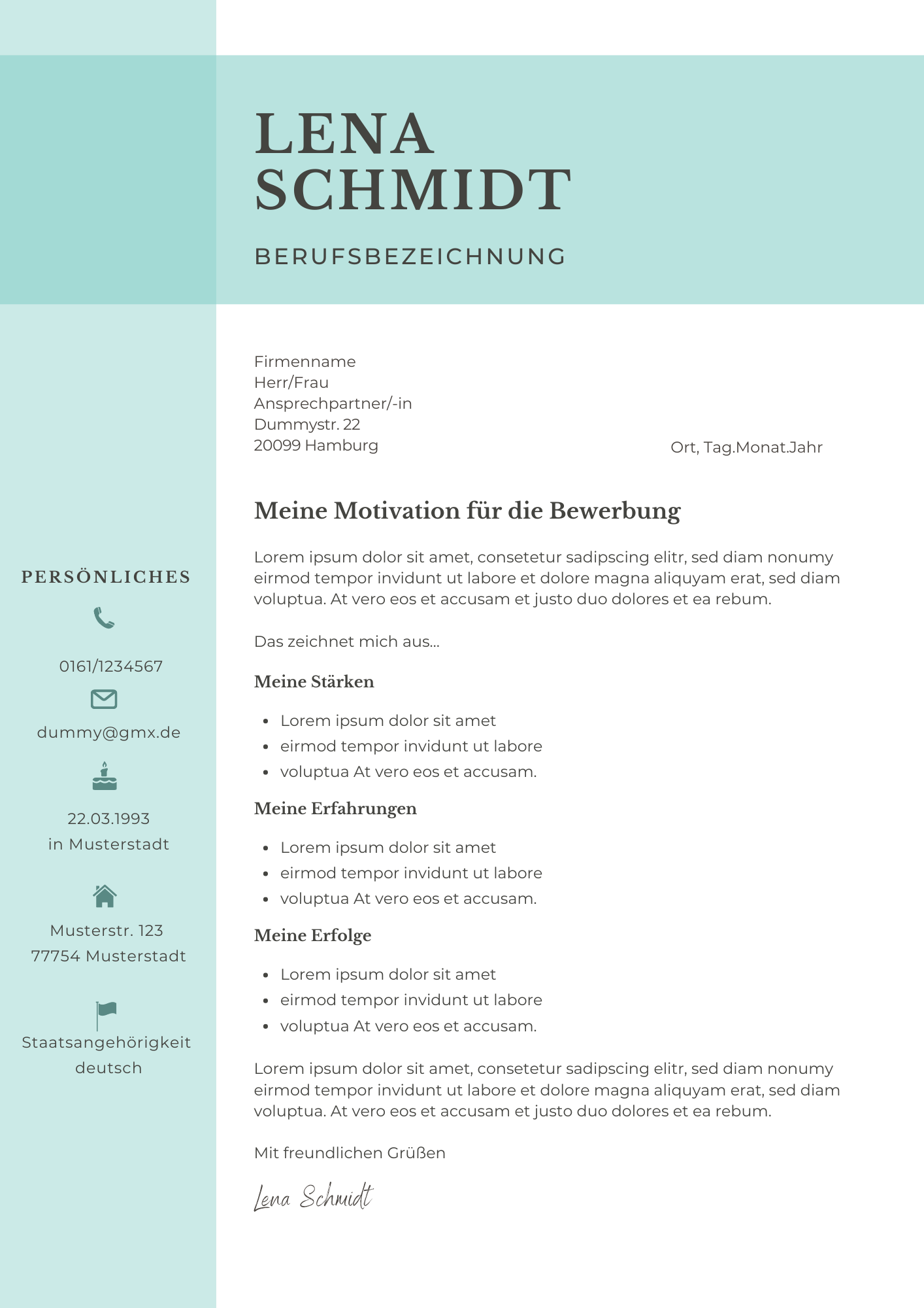 | Bewerbungsmappe Lena Schmidt türkis