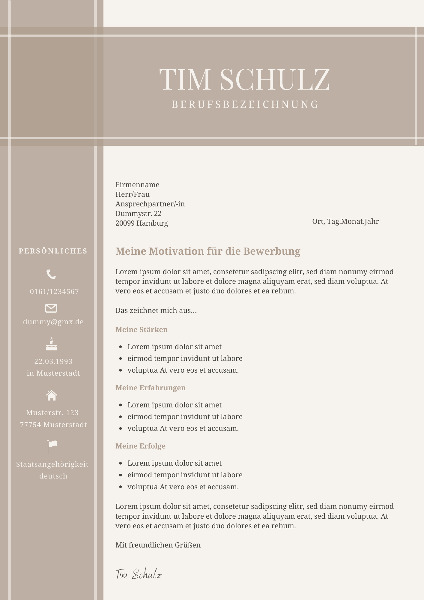 Bewerbungsvorlagen Set Tim Schulz Beige