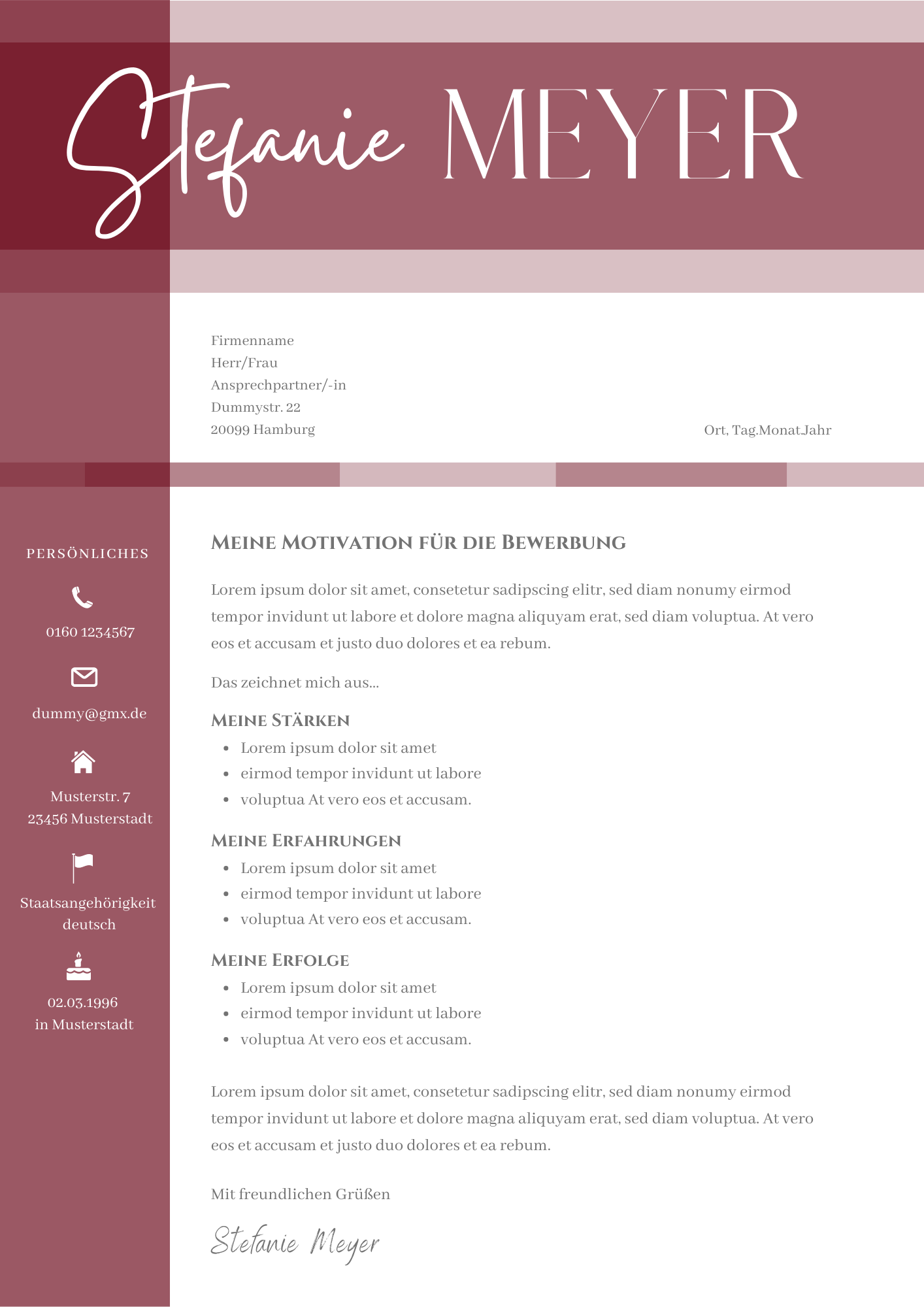 Bewerbungsvorlagen Set Stefanie Meyer Bordeaux