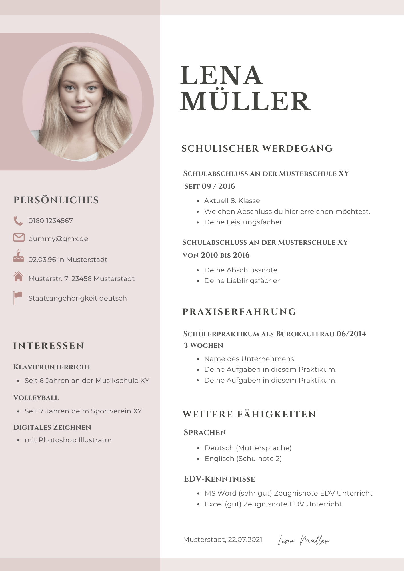 Bewerbungsvorlagen Set Lena Müller rosa