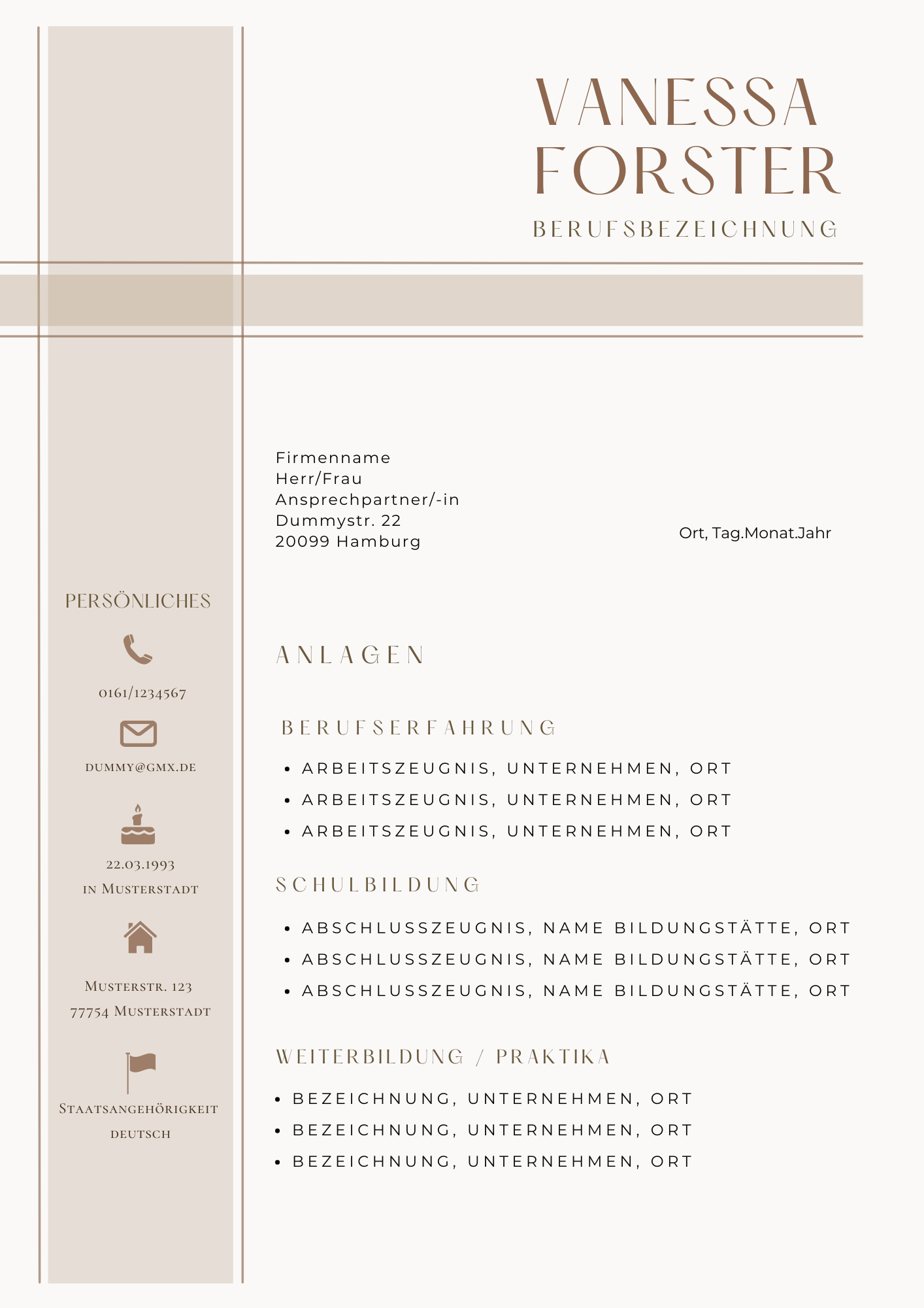 | Bewerbungsvorlagen Set Vanessa Forster Beige Gold