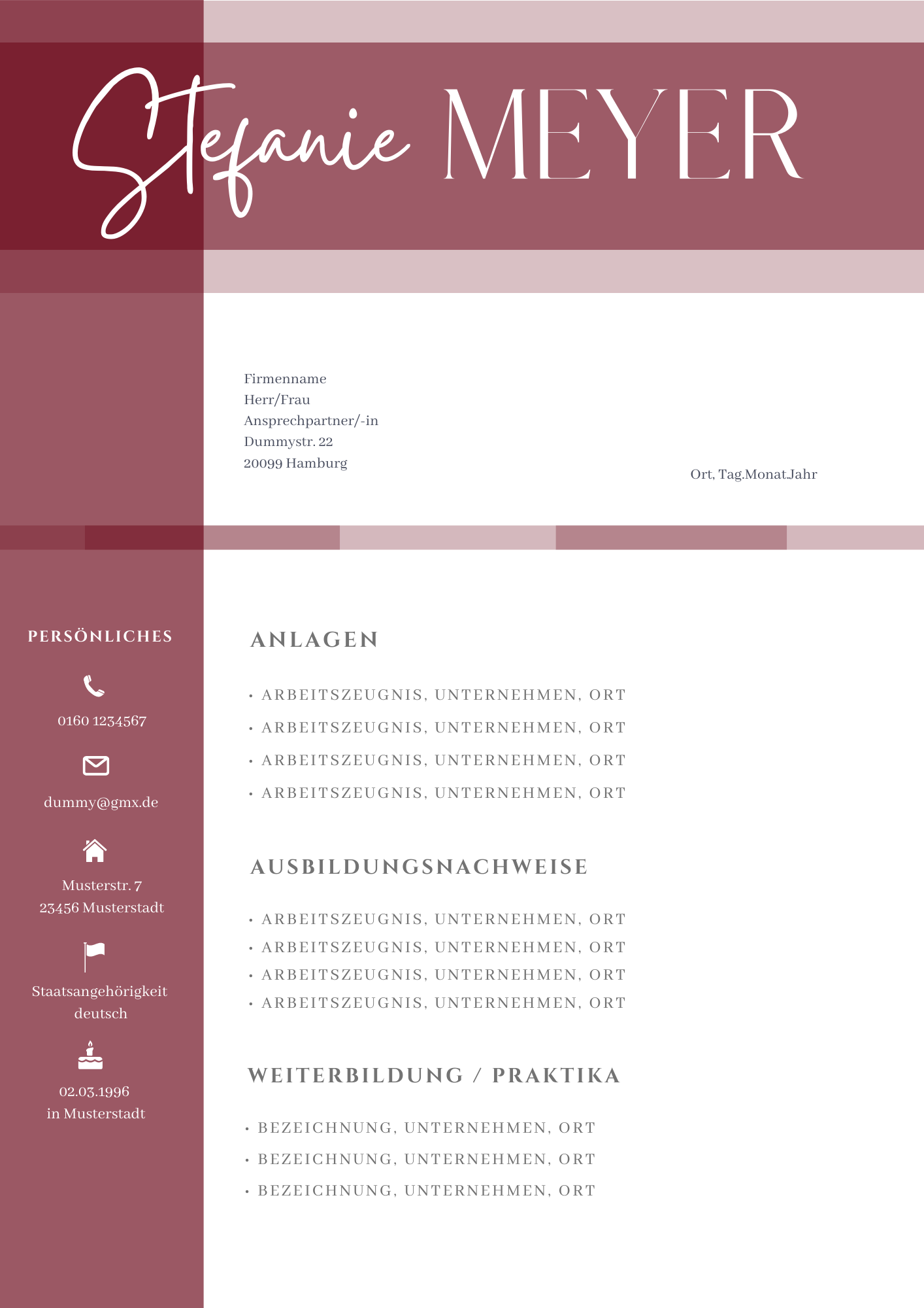 Bewerbungsvorlagen Set Stefanie Meyer Bordeaux