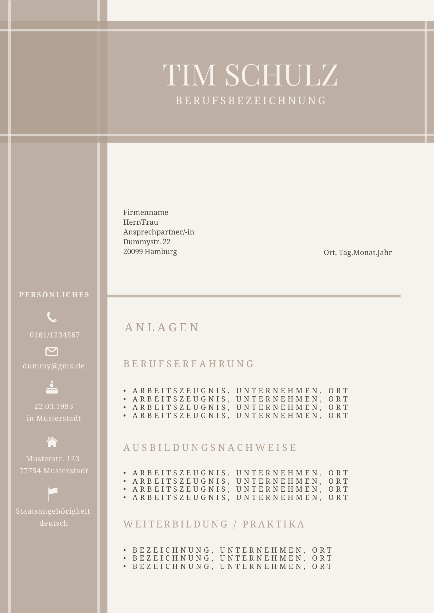 Bewerbungsvorlagen Set Tim Schulz Beige