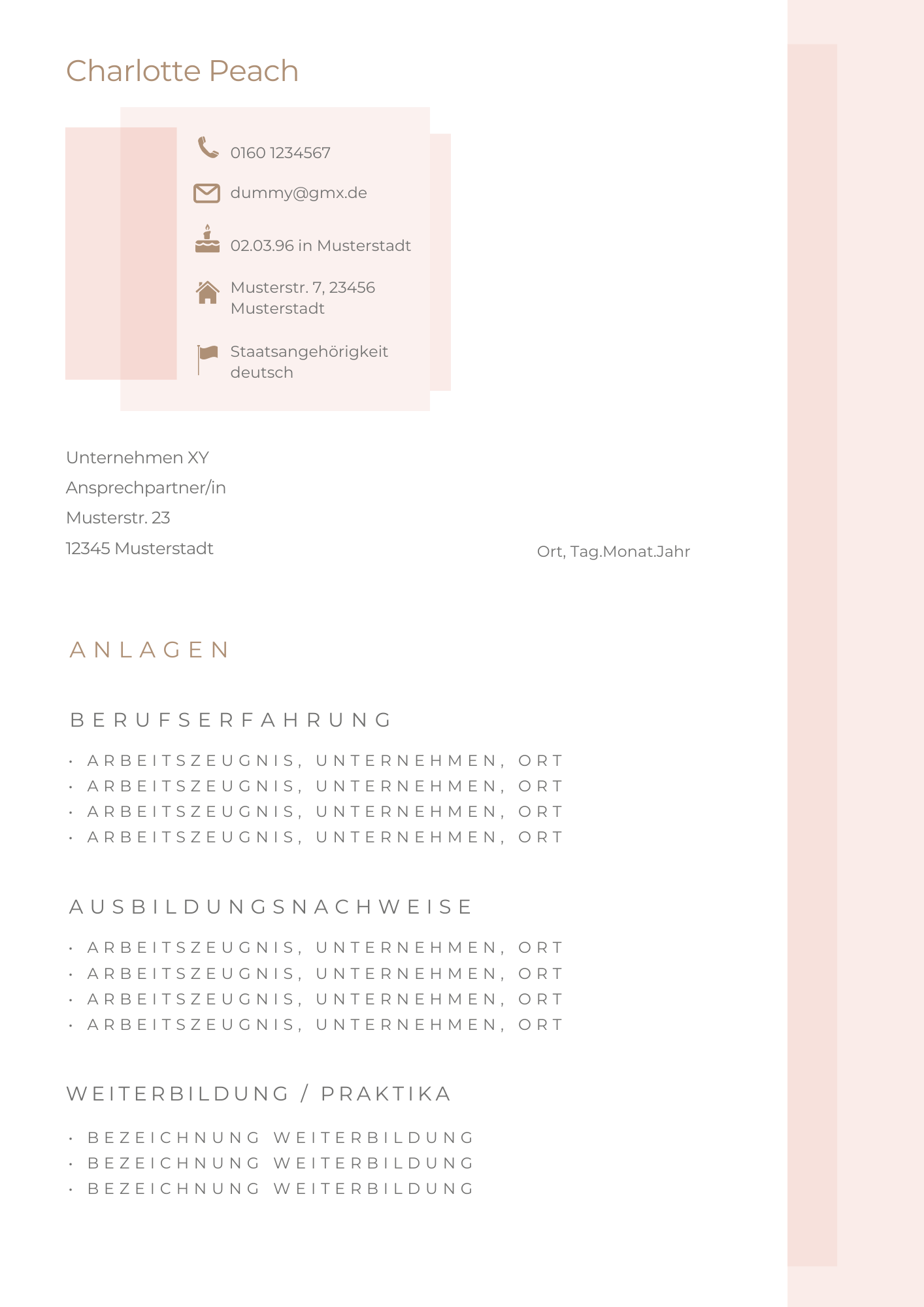 Bewerbungsvorlagen Set Charlotte Peach