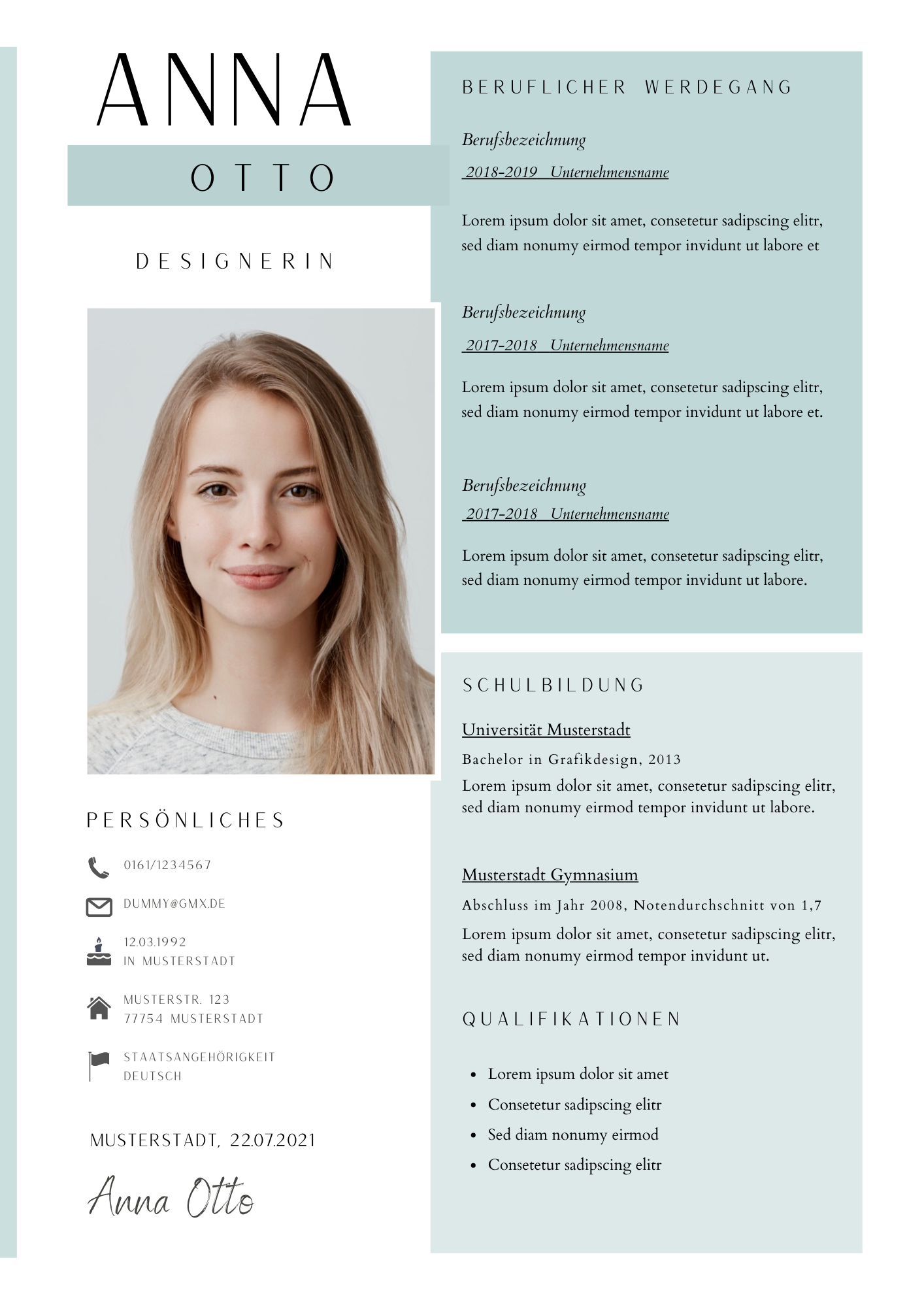 | Bewerbungsvorlagen Set Anna Otto Mint