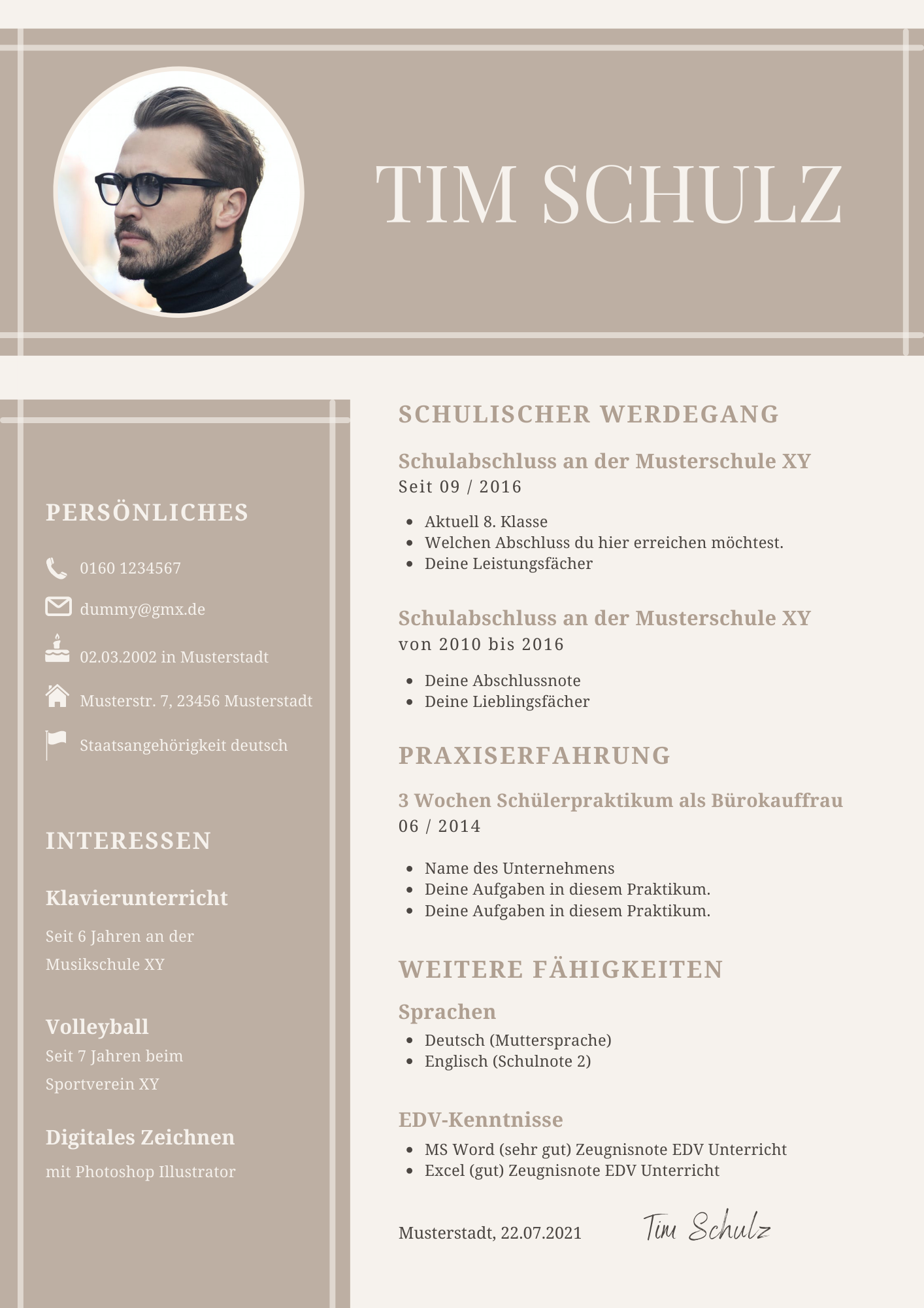 Bewerbungsvorlagen Set Tim Schulz Beige
