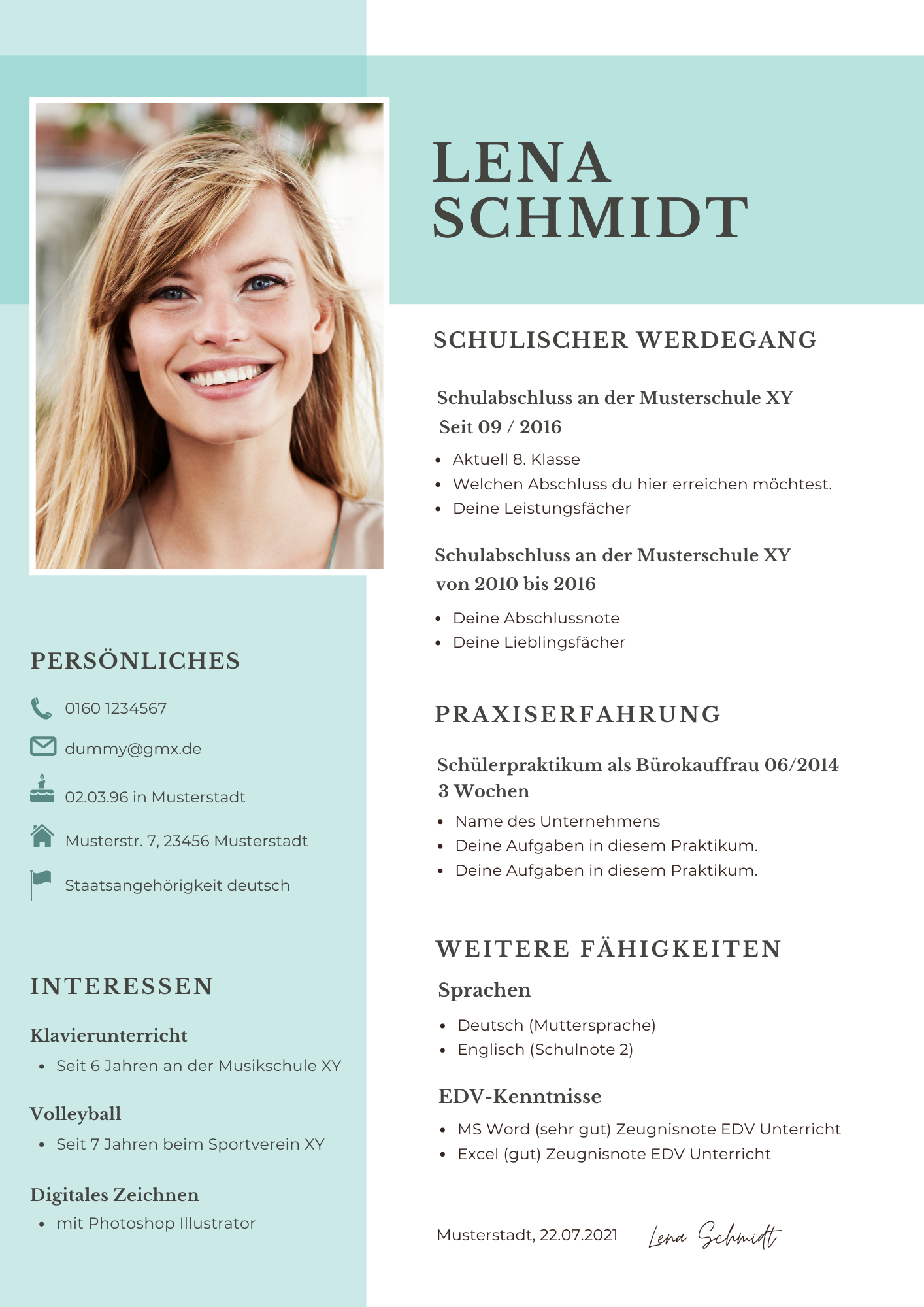  | Bewerbungsmappe Lena Schmidt türkis