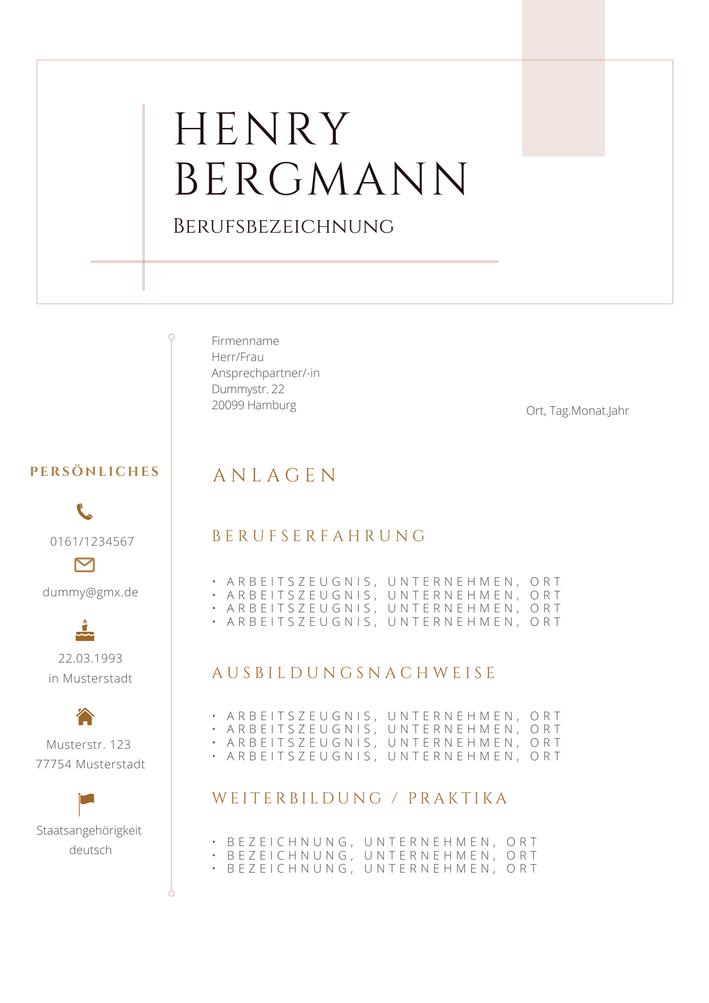 Bewerbungsvorlagen Set Henry Bergmann klassisch