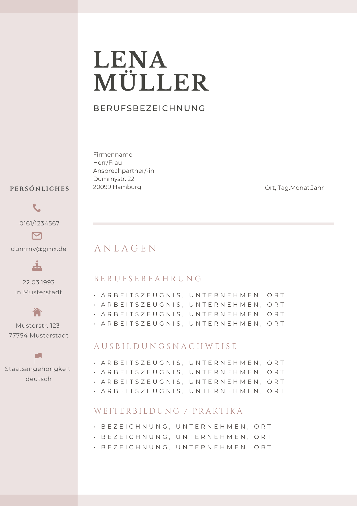 Bewerbungsvorlagen Set Lena Müller rosa