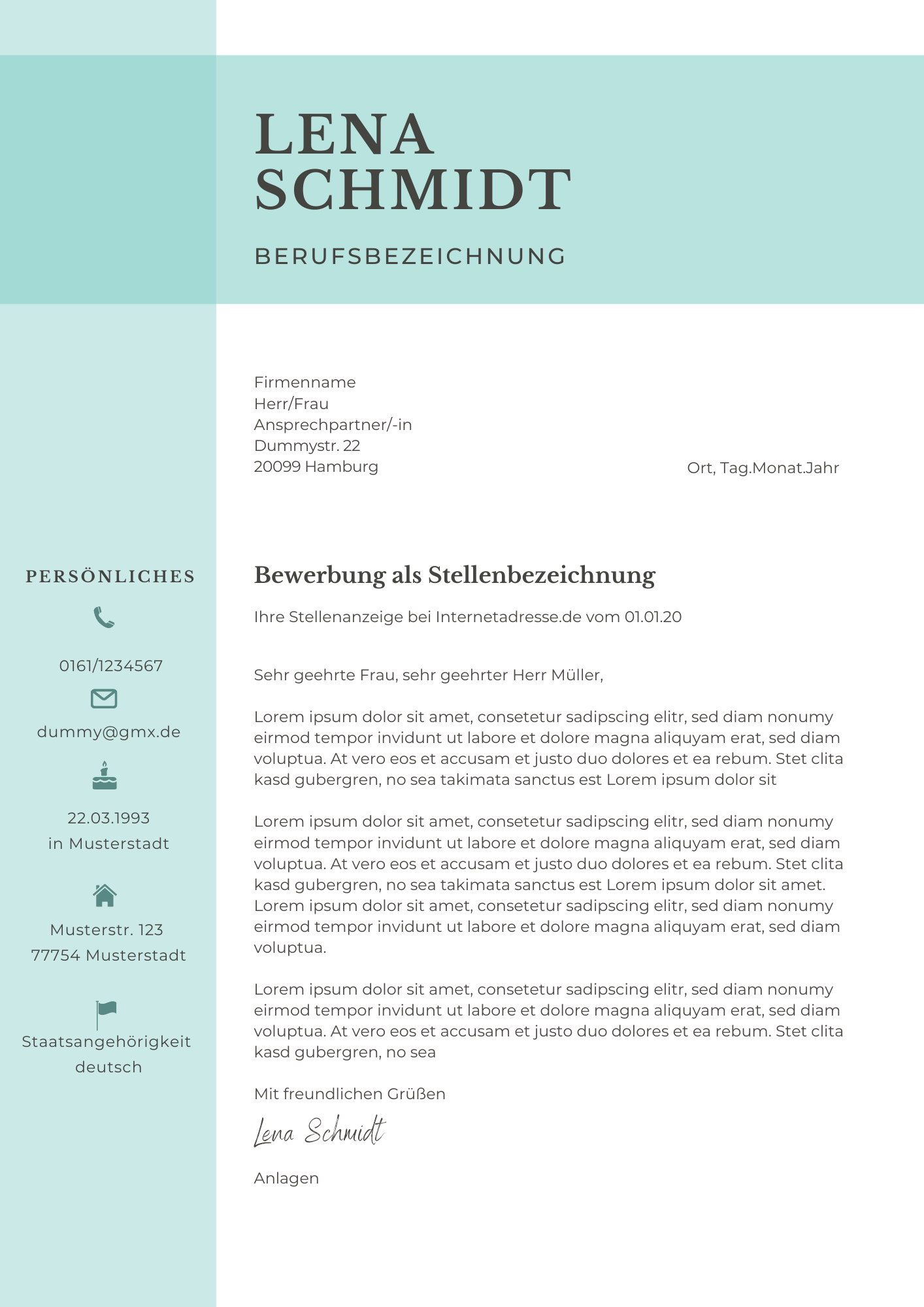  | Bewerbungsmappe Lena Schmidt türkis