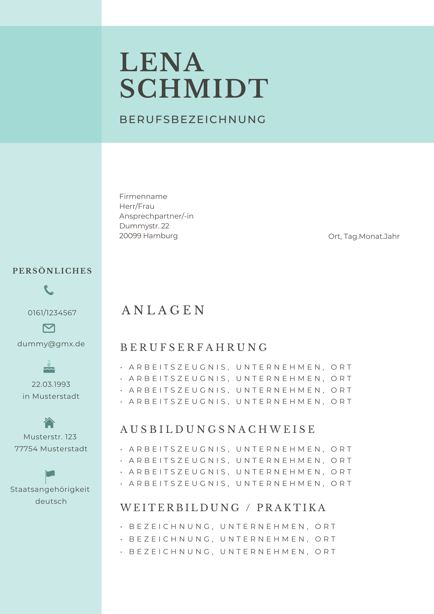  | Bewerbungsmappe Lena Schmidt türkis